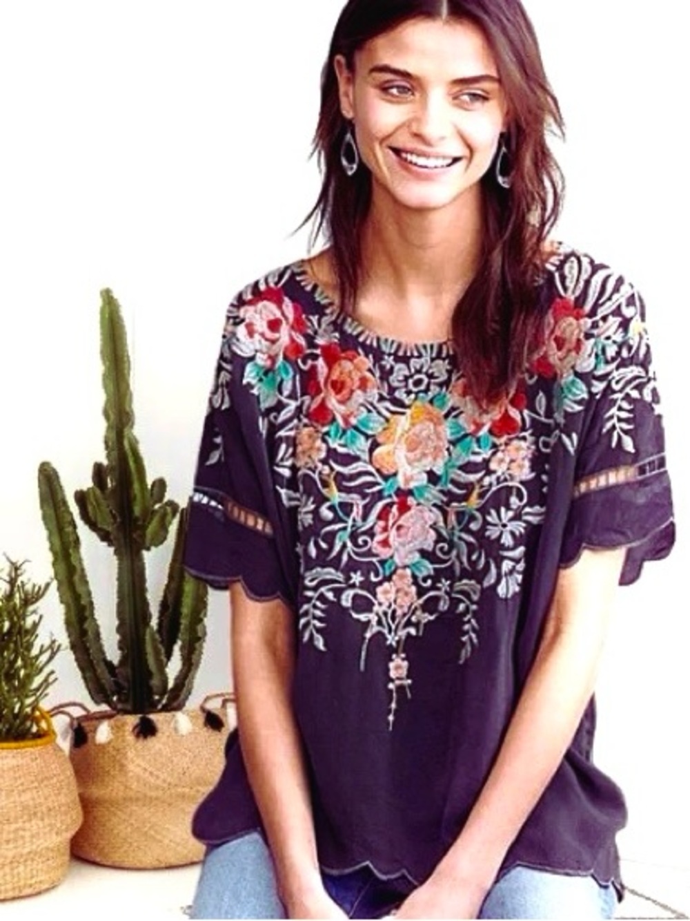 Johnny Was Jenn Floral Embroidered Short Sleeve Blouse- Navy